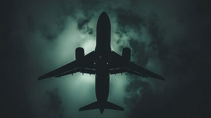 Fototapeta premium Silhouette jet plane, low flight, stormy sky