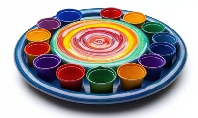 Colorful swirl plate with cups, party supplies, white background, festive setting