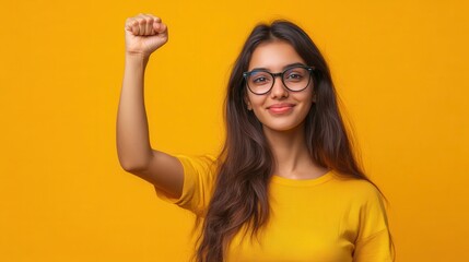Confident young asian female celebrating success in bright yellow setting