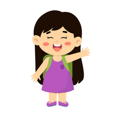 Happy Girls Kindergarten Waving Hand Illustration