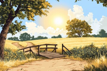 Obraz premium Serene Summer Landscape: Golden Wheat Field, Wooden Bridge, and Sunlit Path