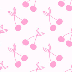 Pink Cherry with Leaves Seamless Pattern. Minimalist Fruit background with falling Berries in doodle style. Simple hand drawn repeatable vector illustration