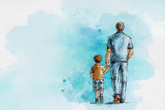 Fathers' Day card with cute watercolor sketch illustration of dad with son standing together, copy space for poster or social media. High quality