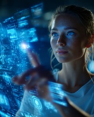 Futuristic woman interacting with a holographic virtual interface
