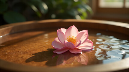 Fototapeta premium Japanese soaking tub with hinoki wood bath mat, AI generated image