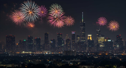 Fototapeta premium fireworks, city, skyline, Fireworks Over City Skyline at Night