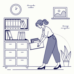 Woman Organizing Documents Into Filing Cabinet Inside Office Interior