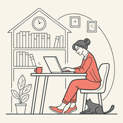 Woman Working On Laptop at Home with Cat Illustration