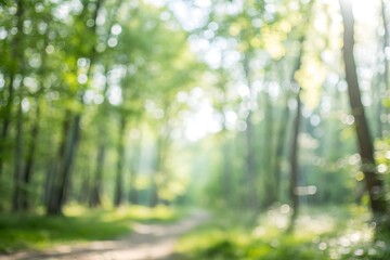 Blurry forest path illuminated by soft sunlight