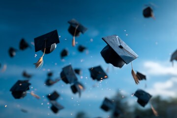 Group of graduation caps flying through the air against a clear sky