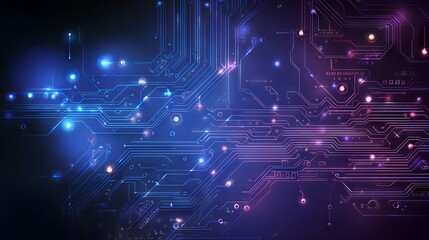 Blue and purple neon technology circuit network background featuring interconnected digital pathways and glowing data nodes for a futuristic design