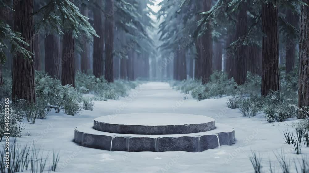 Poster empty stone stage podium in snow covered trees in the park, blank space for display presentation moc