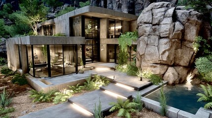 Fototapeta premium Modern architectural design blends seamlessly with nature in a tranquil setting