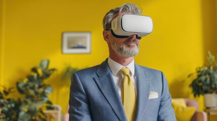 Mature man in suit using VR headset in modern office, exploring virtual reality with technology against vibrant yellow background.