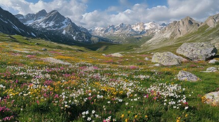 Alpine Meadow in Bloom: Vibrant Wildflowers Against a Majestic Mountain Range