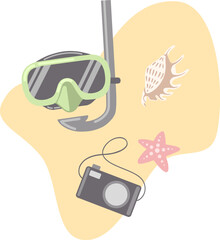 Clip art of cartoon diving mask and camera and shell and starfish isolated. Snorkling vector illustration for design.