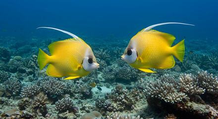 yellow fish,  fish,  pair of fish, Two Yellow Fish Facing Each Other on a Coral Reef