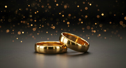 wedding rings,  gold rings,  wedding bands, Two Gold Wedding Rings on Dark Background with Bokeh Lights