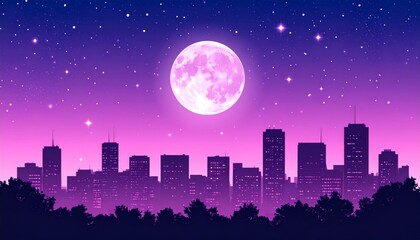 Fototapeta premium Night city skyline illustration with moon and urban buildings under a starry sky
