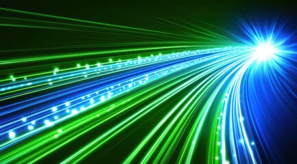 Bright, fast-moving, green and blue light trails