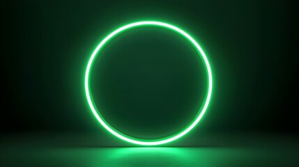 Obraz premium Bright green neon circle glowing in dark background with reflection