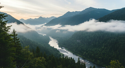 mountain river,  valley,  sunrise, Misty Mountain River Valley at Sunrise