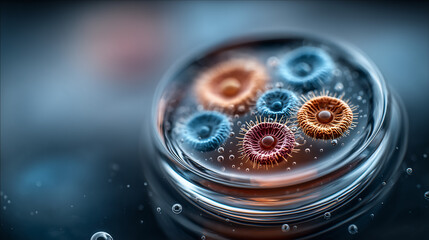 Close-up of vibrant-colored protozoa in a petri dish under microscope  