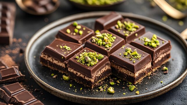 Delicious chocolate brownie squares topped with pistachios presented on a dark plate
