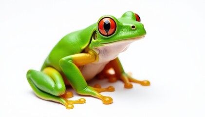 Naklejka premium Green tree frog perched on white, vibrant skin, reptile, macro