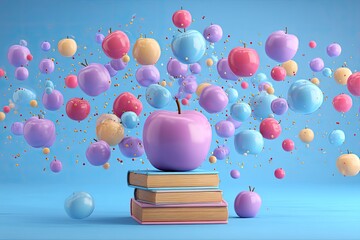 Colorful apples and books. A vibrant, playful scene with various pastel-colored apples floating around books