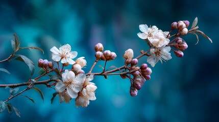Nature’s simplicity - flowering branch in a quiet blue space.