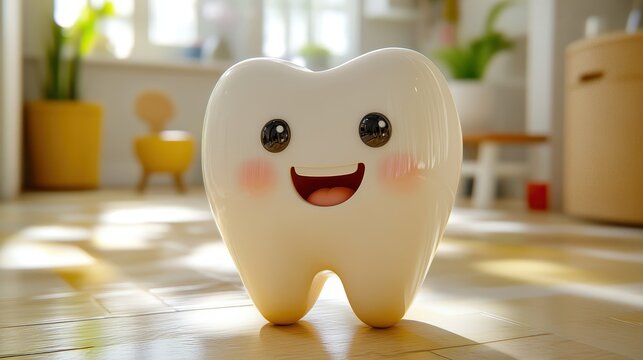 Cute smiling tooth character with big eyes in bright living room setting
