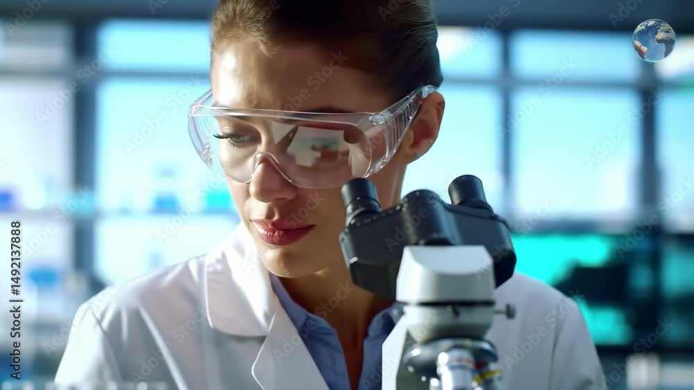 Aufkleber woman scientist uses a microscope in a laboratory, performing an analysis of samples for critical me