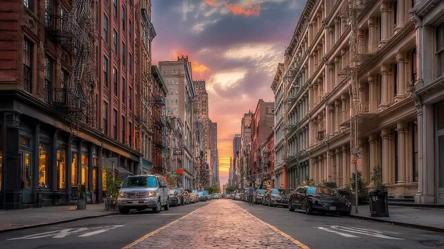 Charming soho street in manhattan, new york city at golden hour with historic cast-iron buildings, warm sunset light, and cobblestone pavement