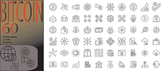 bitcoin line editable icon set. Editable stroke. Vector illustration