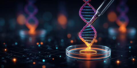DNA strand gene editing laboratory, genetic research biotechnology glowing futuristic science concept