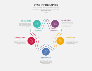 star or pentagram shape infographic outline style with 5 point template with double line star separated part with circle badge for slide presentation