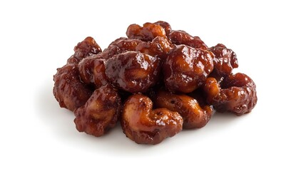 Fototapeta premium Photograph of glazed fried chicken pieces on a white background, glistening with a dark sauce.