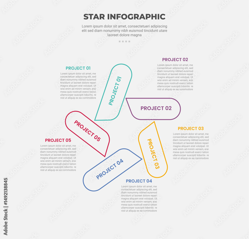 Poster star or pentagram shape infographic outline style with 5 point template with round rectangle box cir