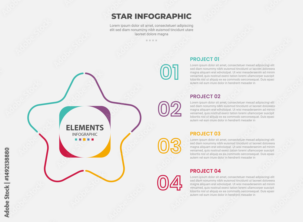Poster star or pentagram shape infographic outline style with 5 point template with round edge smooth wave 