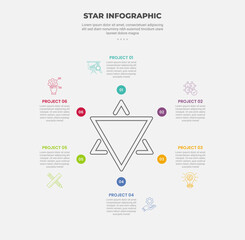 star or pentagram shape infographic outline style with 6 point template with creative star by triangle structure double line for slide presentation