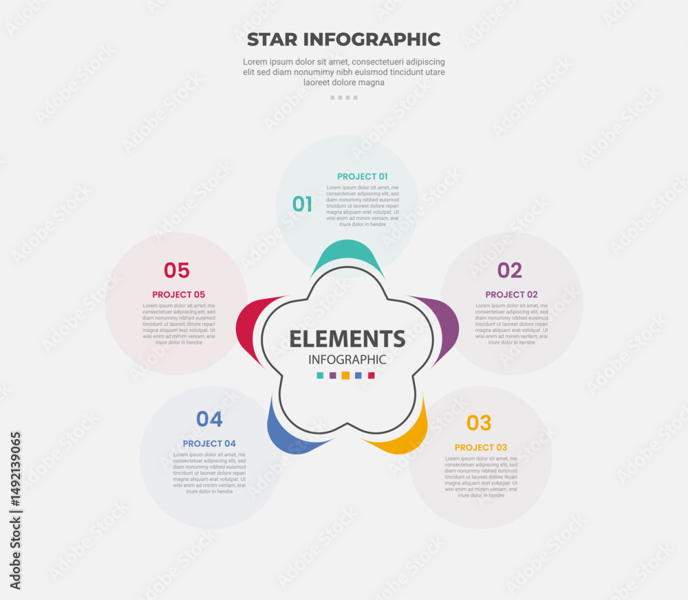 Poster star or pentagram shape infographic outline style with 5 point template with round edge bubble with 