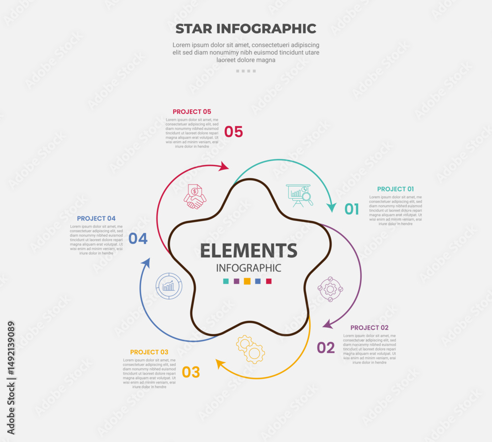 Aufkleber star or pentagram shape infographic outline style with 5 point template with round wave line with ci