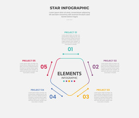star or pentagram shape infographic outline style with 5 point template with unusual star shape with round hexagon shape for slide presentation