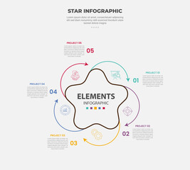 star or pentagram shape infographic outline style with 5 point template with round wave line with circular arrow line cycle direction for slide presentation
