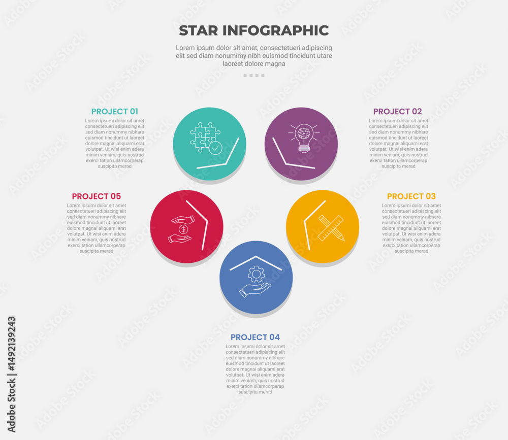 Poster star or pentagram shape infographic outline style with 5 point template with creative shape with sta