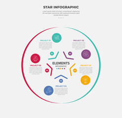 star or pentagram shape infographic outline style with 5 point template with big circle line wave with cut line star and circle for slide presentation
