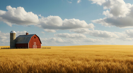 red barn,  barn,  wheat field, Red Barn in Golden Wheat Field under a Blue Sky