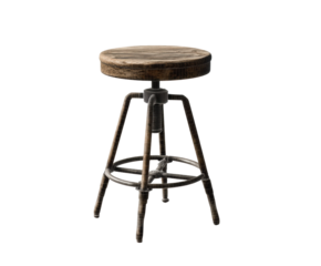 Vintage wooden bar stool with adjustable height for home decor on a transparent background, cut out