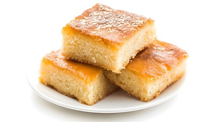 Photograph of four cornbread slices stacked on a white plate, dusted with powdered sugar.